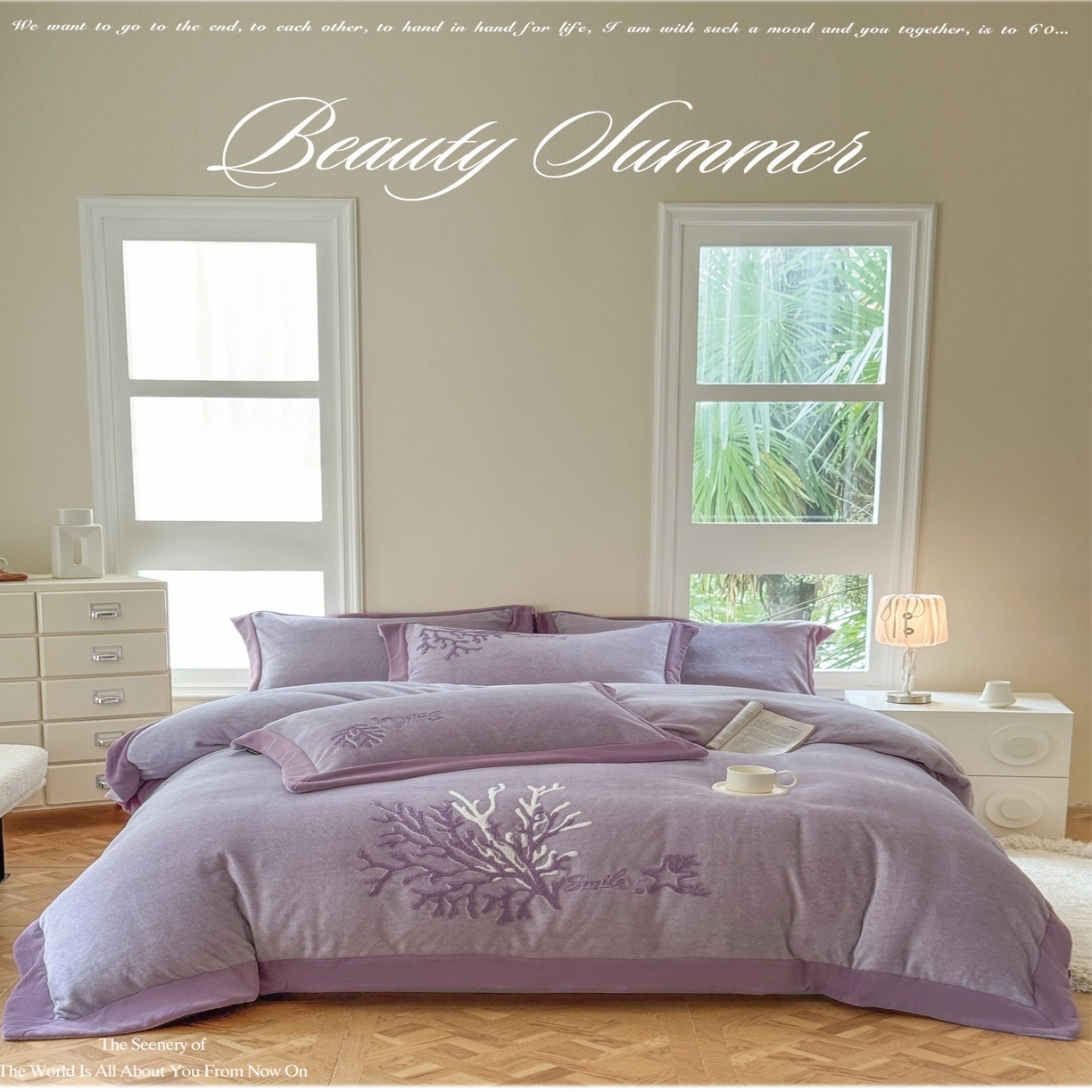 91家纺网 家纺一手货源 找家纺 （总）芯丝路枕业 芯丝路枕业 2025新款肌理纹蚕丝绒四件套-珊海星梦