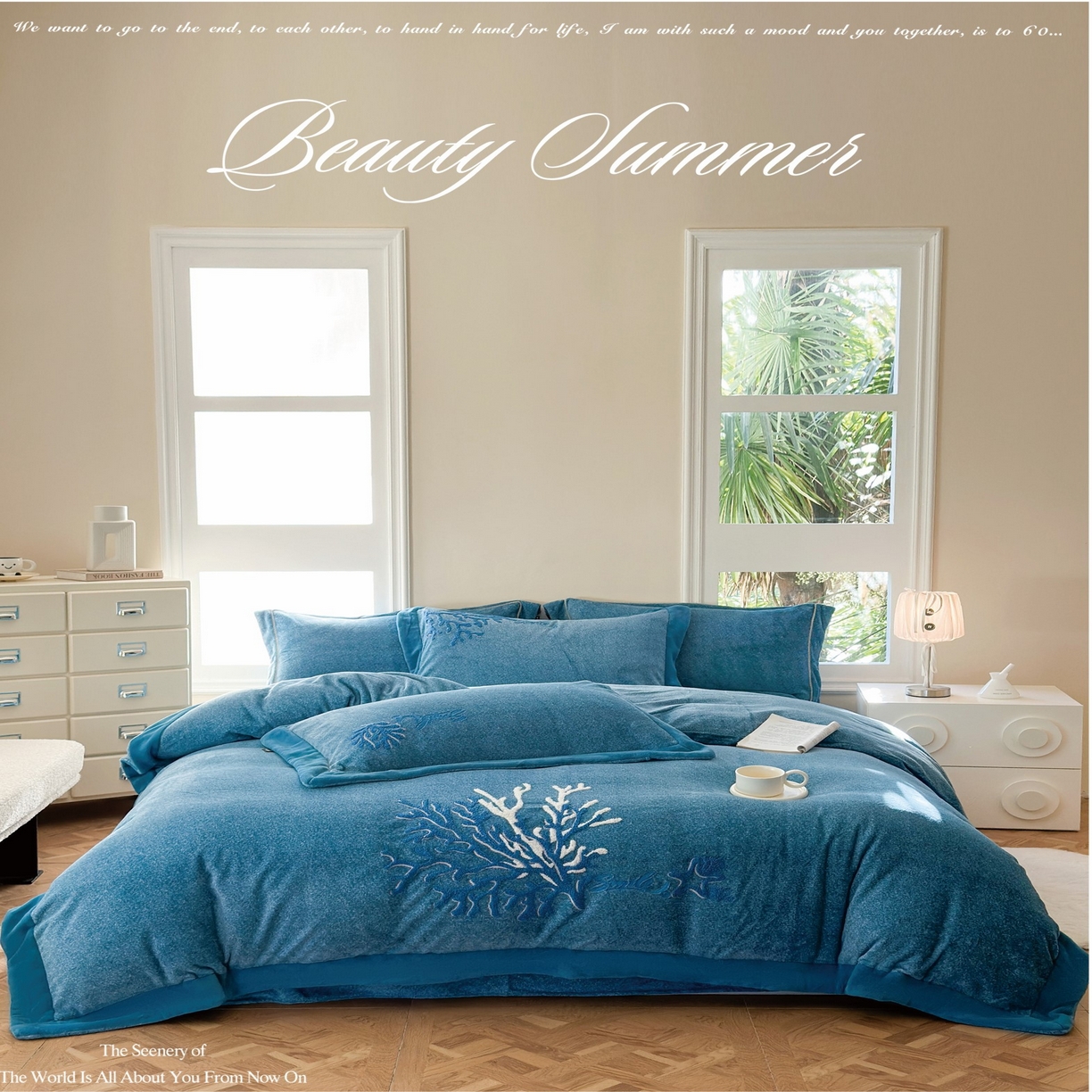 91家纺网 家纺一手货源 找家纺 （总）芯丝路枕业 芯丝路枕业 2025新款肌理纹蚕丝绒四件套-珊海星梦