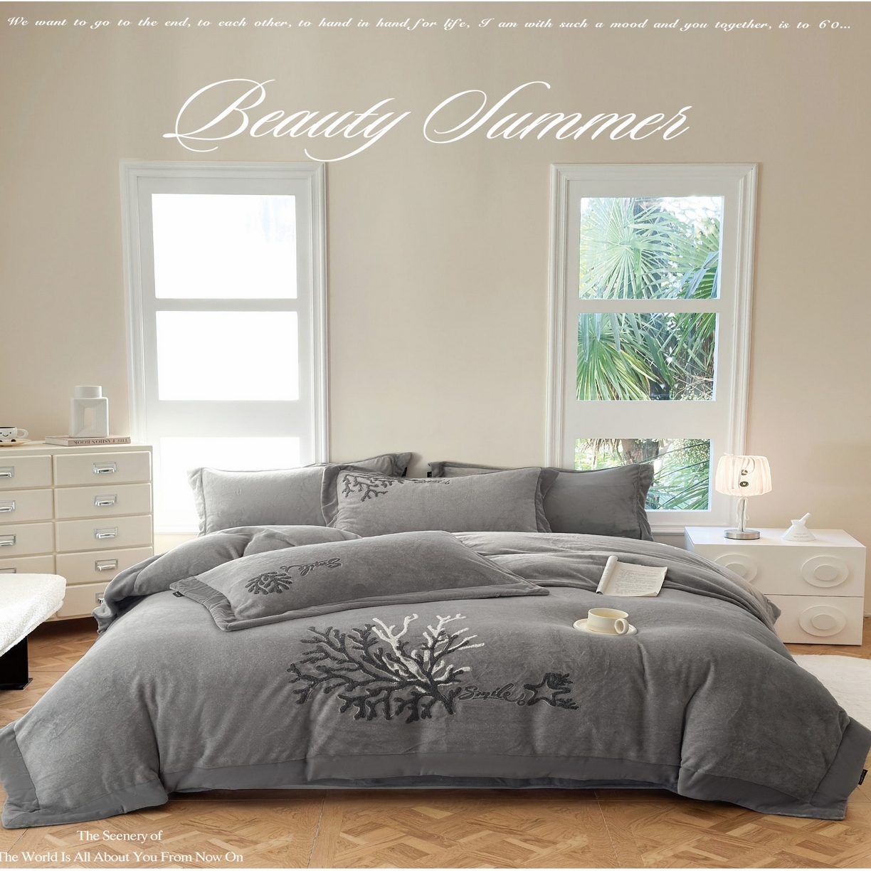 91家纺网 家纺一手货源 找家纺 （总）芯丝路枕业 芯丝路枕业 2025新款肌理纹蚕丝绒四件套-珊海星梦