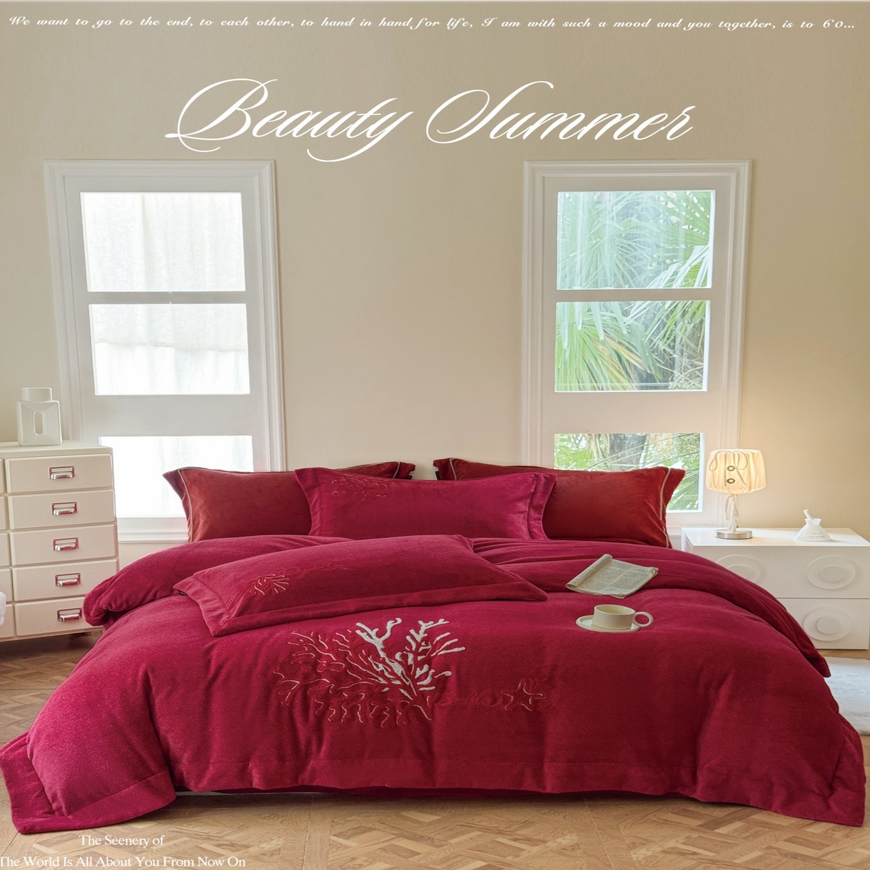 91家纺网 家纺一手货源 找家纺 （总）芯丝路枕业 芯丝路枕业 2025新款肌理纹蚕丝绒四件套-珊海星梦