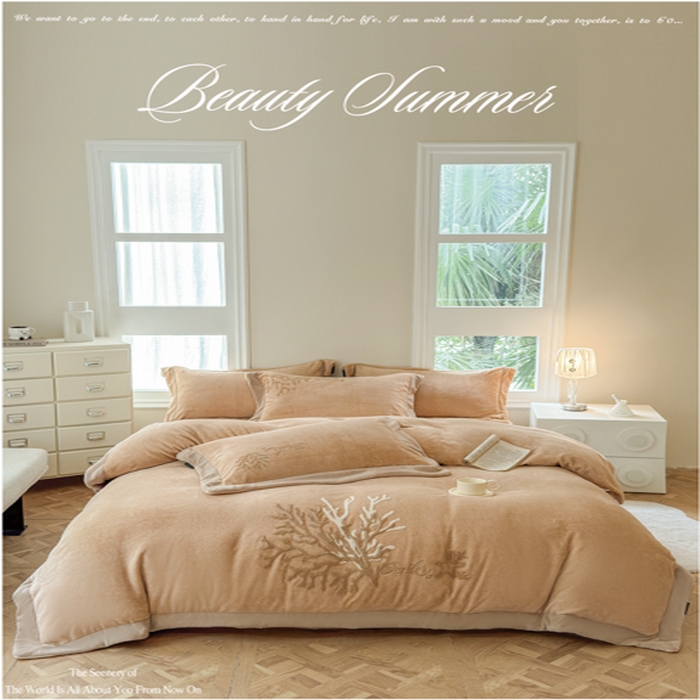 91家纺网 家纺一手货源 找家纺 （总）芯丝路枕业 芯丝路枕业 2025新款肌理纹蚕丝绒四件套-珊海星梦