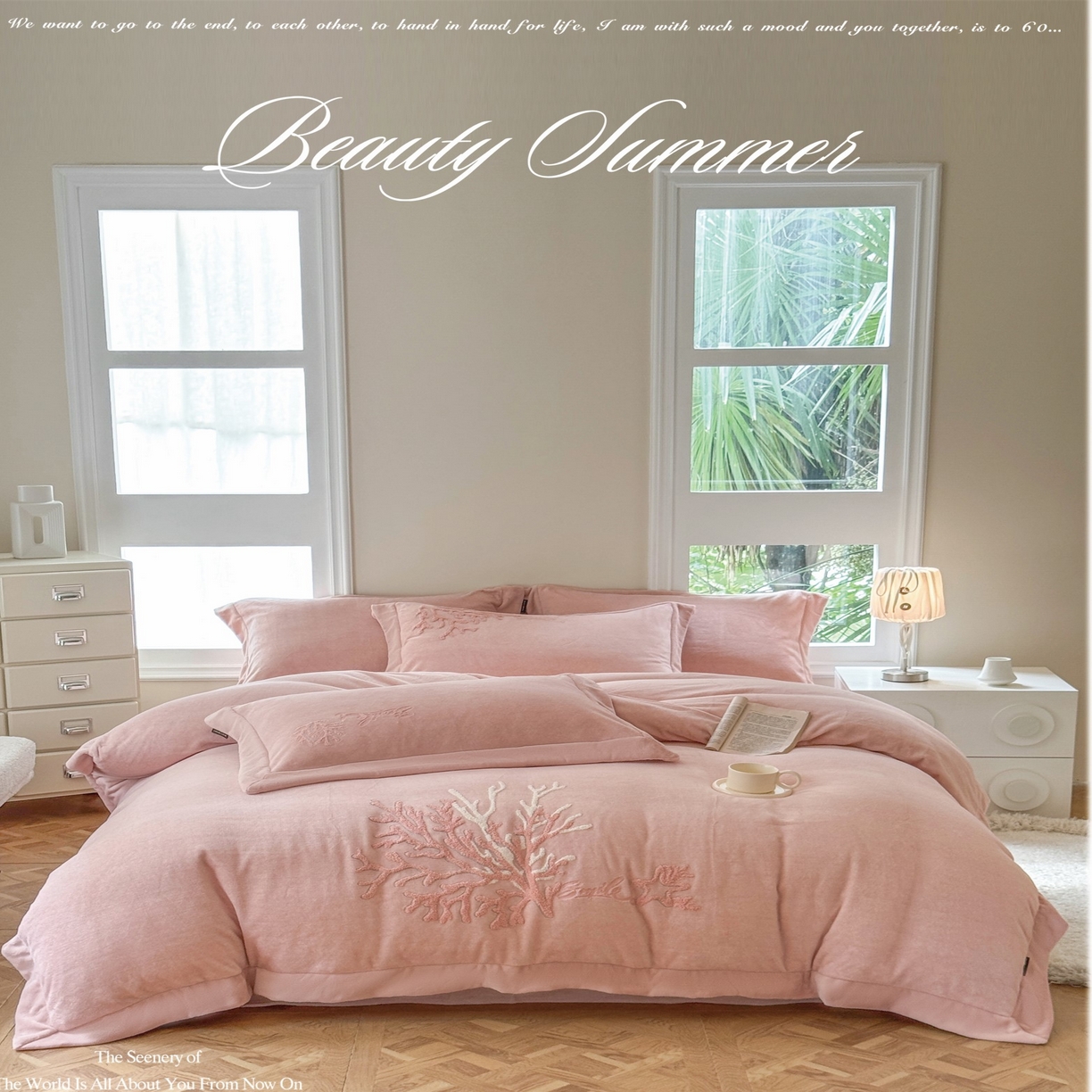 91家纺网 家纺一手货源 找家纺 （总）芯丝路枕业 芯丝路枕业 2025新款肌理纹蚕丝绒四件套-珊海星梦