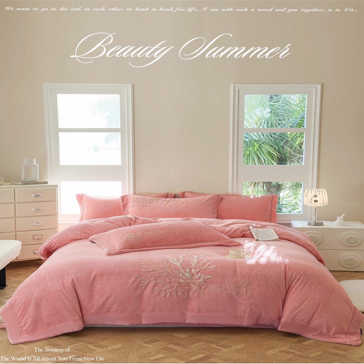 91家纺网 家纺一手货源 找家纺 （总）芯丝路枕业 芯丝路枕业 2025新款肌理纹蚕丝绒四件套-珊海星梦