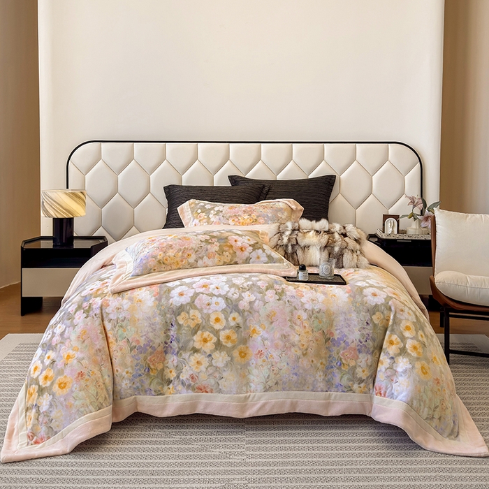 91家纺网 家纺一手货源 找家纺 （总）若未家居 LOVEWE HOUSE 2025新款数码印花牛奶绒250克全消光数码印花牛奶绒双拼角套件-朝花夕拾 控价券后不低于298