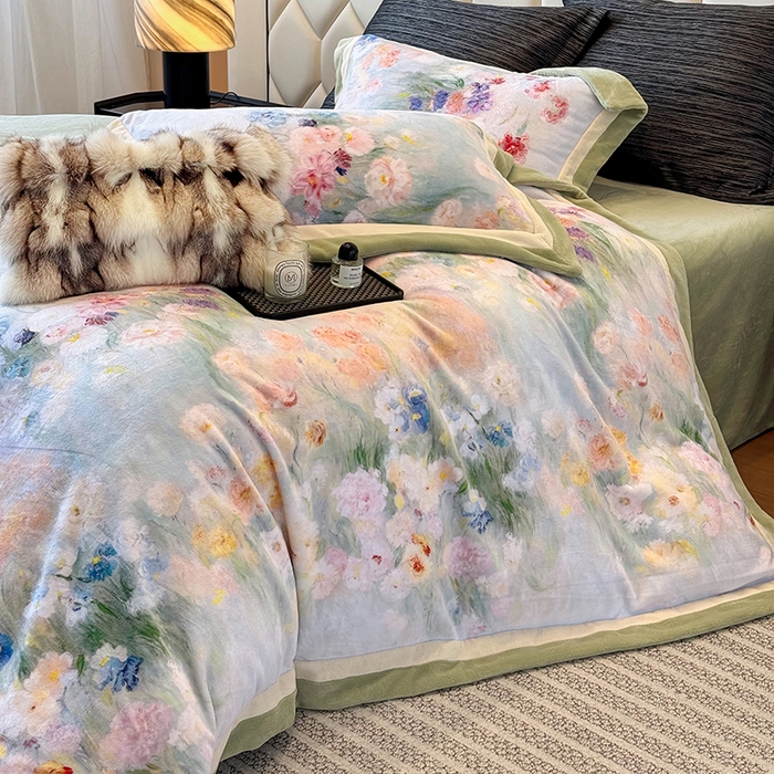 91家纺网 家纺一手货源 找家纺 （总）若未家居 LOVEWE HOUSE 2025新款数码印花牛奶绒250克全消光数码印花牛奶绒双拼角套件-朝花夕拾 控价券后不低于298