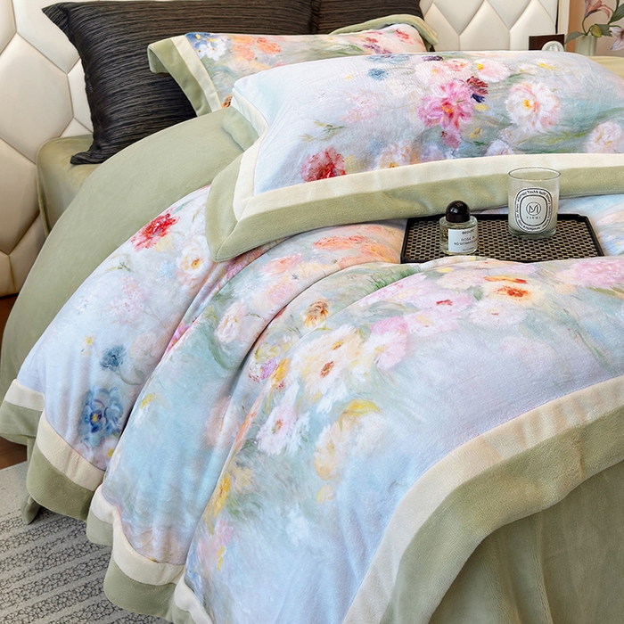 91家纺网 家纺一手货源 找家纺 （总）若未家居 LOVEWE HOUSE 2025新款数码印花牛奶绒250克全消光数码印花牛奶绒双拼角套件-朝花夕拾 控价券后不低于298