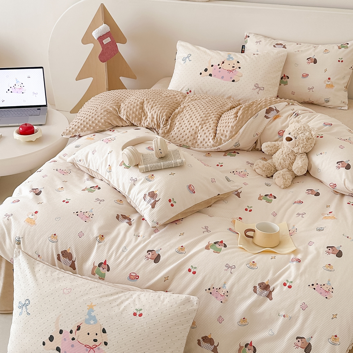 RYB红黄兰 2025新款设计师原创灯芯绒+豆豆绒婴儿绒数码印花四件套 萌趣窝窝