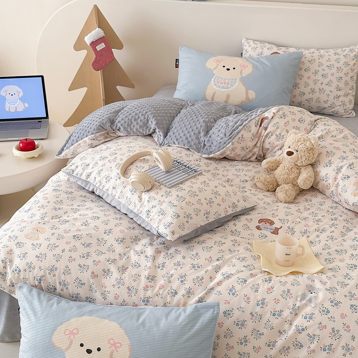 RYB红黄兰 2025新款设计师原创灯芯绒+豆豆绒婴儿绒数码印花四件套 萌宠花园