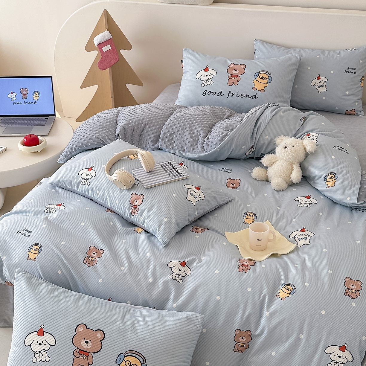 RYB红黄兰 2025新款设计师原创灯芯绒+豆豆绒婴儿绒数码印花四件套 小熊伙伴