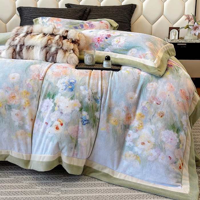 91家纺网 家纺一手货源 找家纺 若未家居 LOVEWE HOUSE 2025新款数码印花牛奶绒250克全消光数码印花牛奶绒双拼角套件-朝花夕拾 控价券后不低于298  朝花夕拾-绿