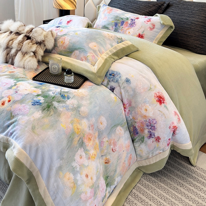 91家纺网 家纺一手货源 找家纺 若未家居 LOVEWE HOUSE 2025新款数码印花牛奶绒250克全消光数码印花牛奶绒双拼角套件-朝花夕拾 控价券后不低于298  朝花夕拾-绿