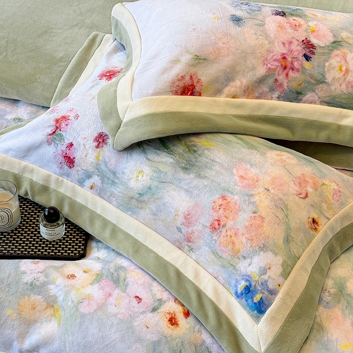 91家纺网 家纺一手货源 找家纺 若未家居 LOVEWE HOUSE 2025新款数码印花牛奶绒250克全消光数码印花牛奶绒双拼角套件-朝花夕拾 控价券后不低于298  朝花夕拾-绿