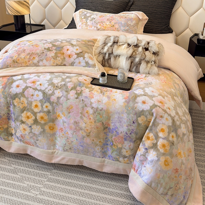 91家纺网 家纺一手货源 找家纺 若未家居 LOVEWE HOUSE 2025新款数码印花牛奶绒250克全消光数码印花牛奶绒双拼角套件-朝花夕拾 控价券后不低于298 一路繁花-粉