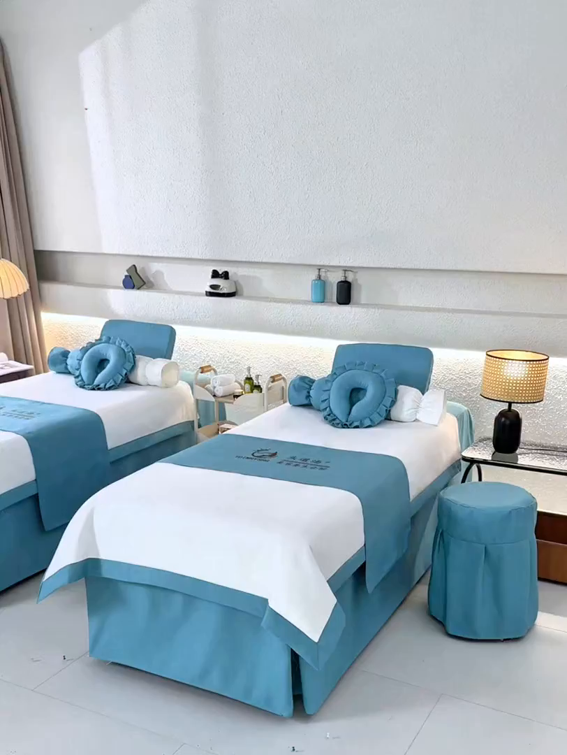 91家纺网 家纺一手货源 找家纺 莉人坊美容床罩批发 2025新款高精密美容床罩四件套-春妍 春妍湖蓝