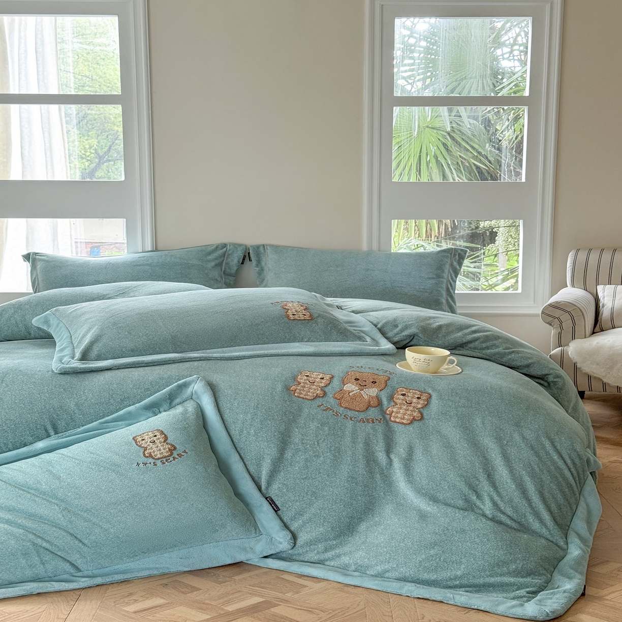 （总）芯丝路枕业 2025新款肌理纹蚕丝绒四件套-快乐熊