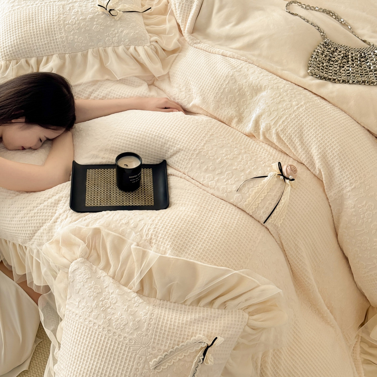 91家纺网 家纺一手货源 找家纺 若未家居 LOVEWE HOUSE 2025新款230克全消光牛奶绒雕花法式双层纱边蝴蝶结工艺款套件四件套-泡泡玫瑰 控价券后不低于328 泡泡玫瑰-奶油白