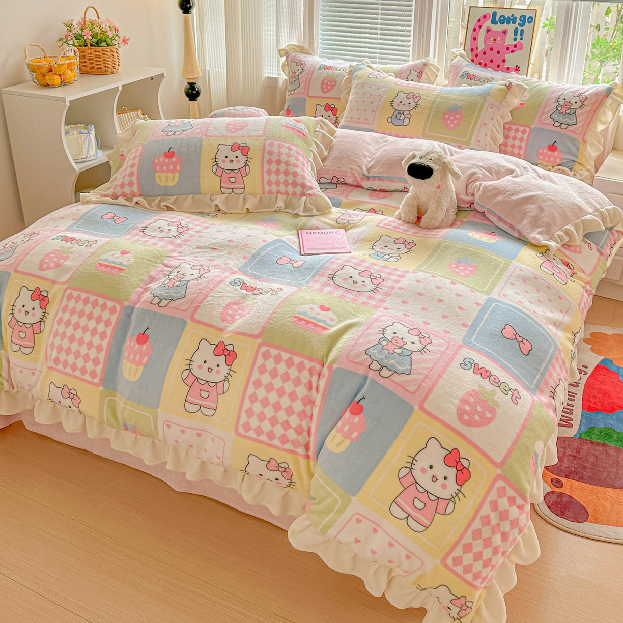 91家纺网 家纺一手货源 找家纺 （总）N先生+V 13814689556 发大图/买家秀 2025新款韩式博主风花边款ins卡通牛奶绒四件套