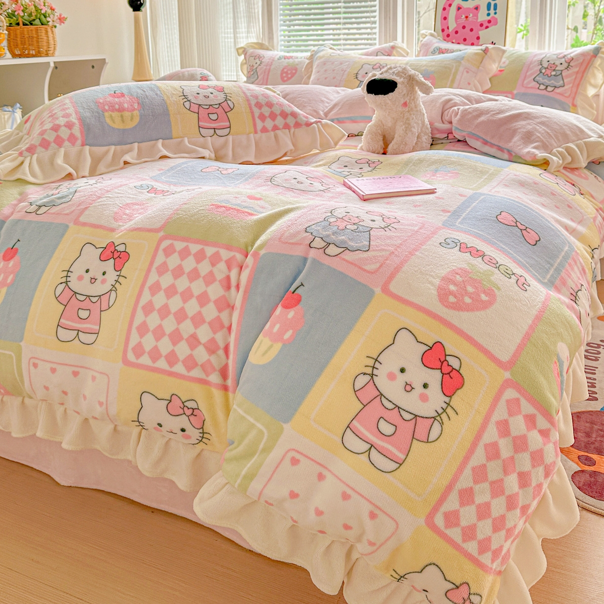 91家纺网 家纺一手货源 找家纺 （总）N先生+V 13814689556 发大图/买家秀 2025新款韩式博主风花边款ins卡通牛奶绒四件套