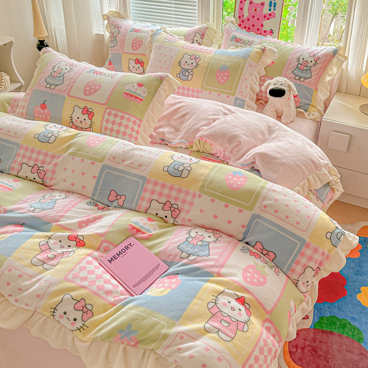 91家纺网 家纺一手货源 找家纺 （总）N先生+V 13814689556 发大图/买家秀 2025新款韩式博主风花边款ins卡通牛奶绒四件套