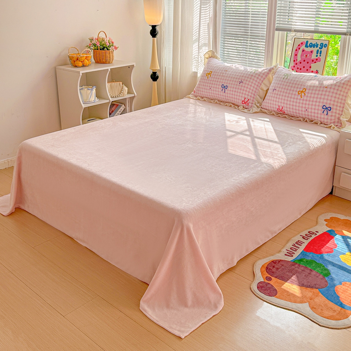 91家纺网 家纺一手货源 找家纺 N先生+V 13814689556 发大图/买家秀 2025新款韩式博主风花边款ins卡通牛奶绒四件套 彩色蝴蝶结