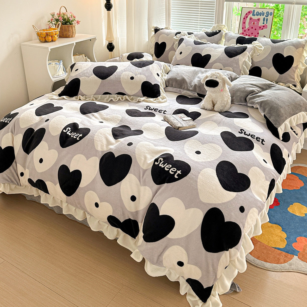 91家纺网 家纺一手货源 找家纺 N先生+V 13814689556 发大图/买家秀 2025新款韩式博主风花边款ins卡通牛奶绒四件套 美梦甜心