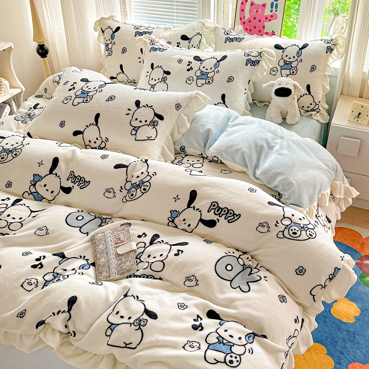 N先生+V 13814689556 发大图/买家秀 2025新款韩式博主风花边款ins卡通牛奶绒四件套 顽皮帕恰