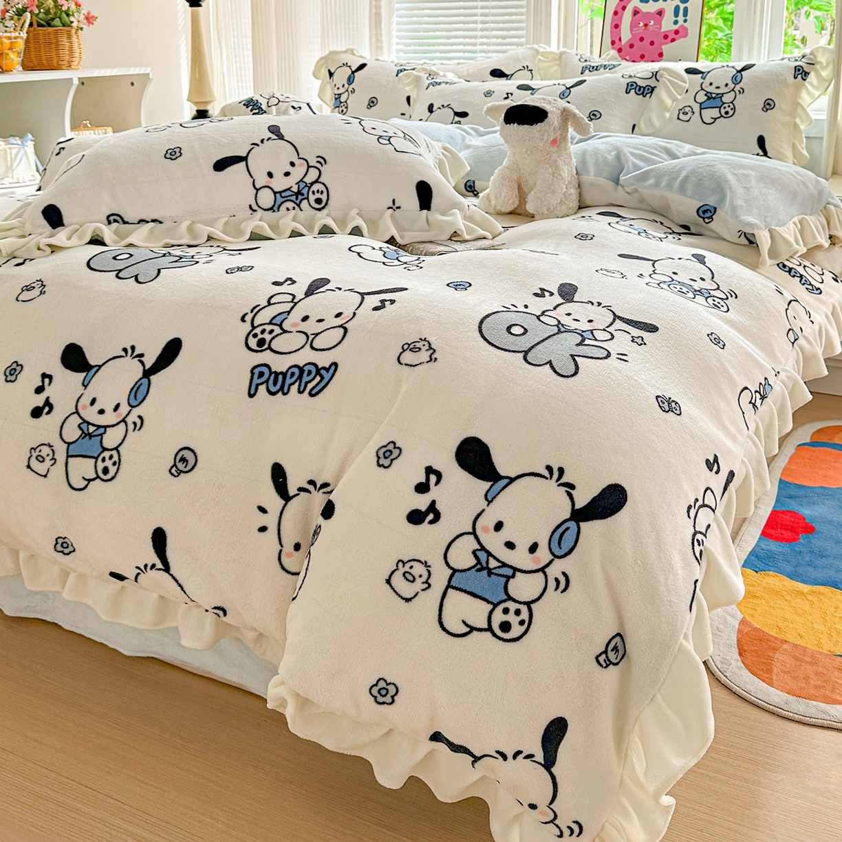 91家纺网 家纺一手货源 找家纺 N先生+V 13814689556 发大图/买家秀 2025新款韩式博主风花边款ins卡通牛奶绒四件套 顽皮帕恰