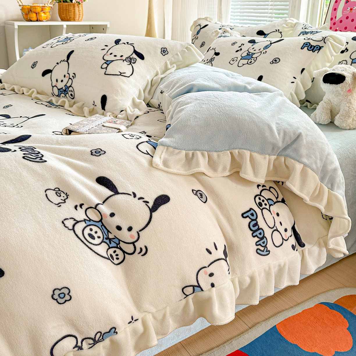 91家纺网 家纺一手货源 找家纺 N先生+V 13814689556 发大图/买家秀 2025新款韩式博主风花边款ins卡通牛奶绒四件套 顽皮帕恰