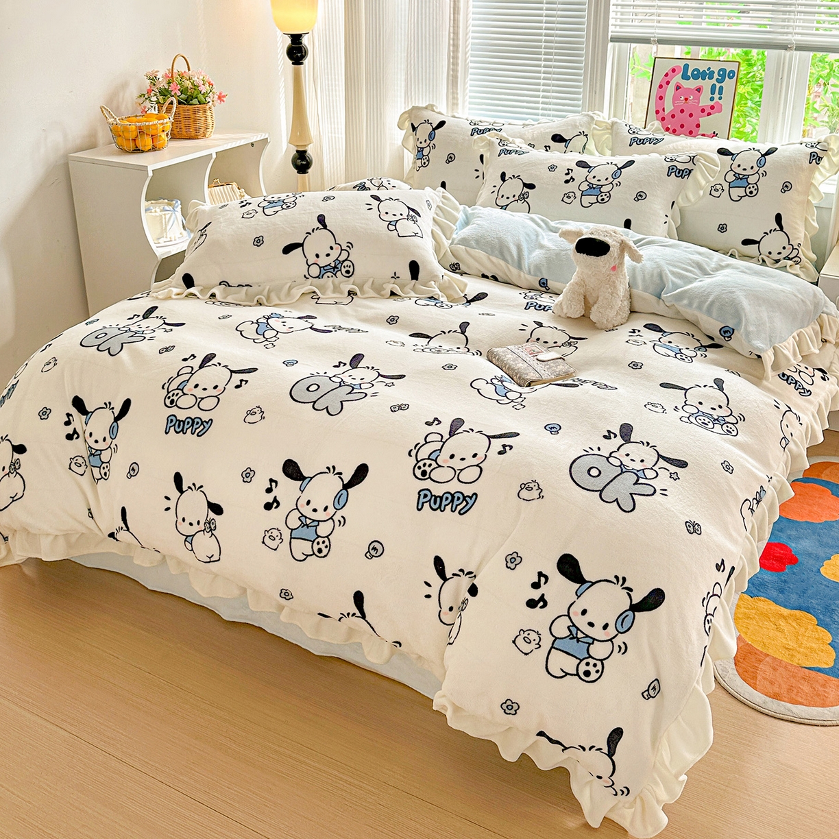 91家纺网 家纺一手货源 找家纺 N先生+V 13814689556 发大图/买家秀 2025新款韩式博主风花边款ins卡通牛奶绒四件套 顽皮帕恰