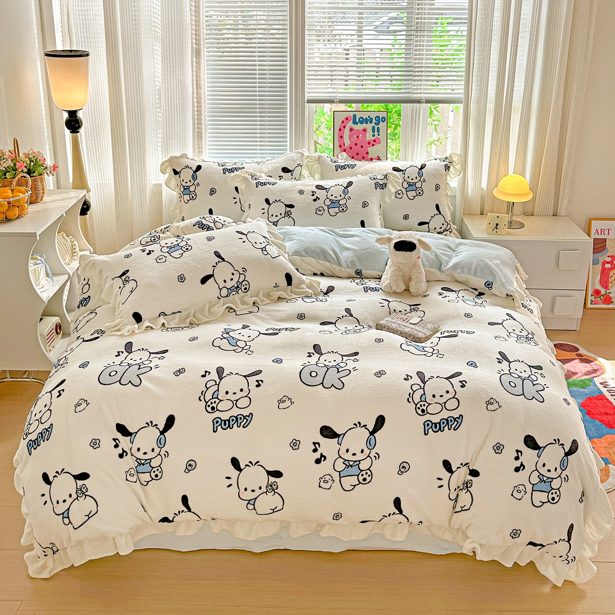 91家纺网 家纺一手货源 找家纺 N先生+V 13814689556 发大图/买家秀 2025新款韩式博主风花边款ins卡通牛奶绒四件套 顽皮帕恰