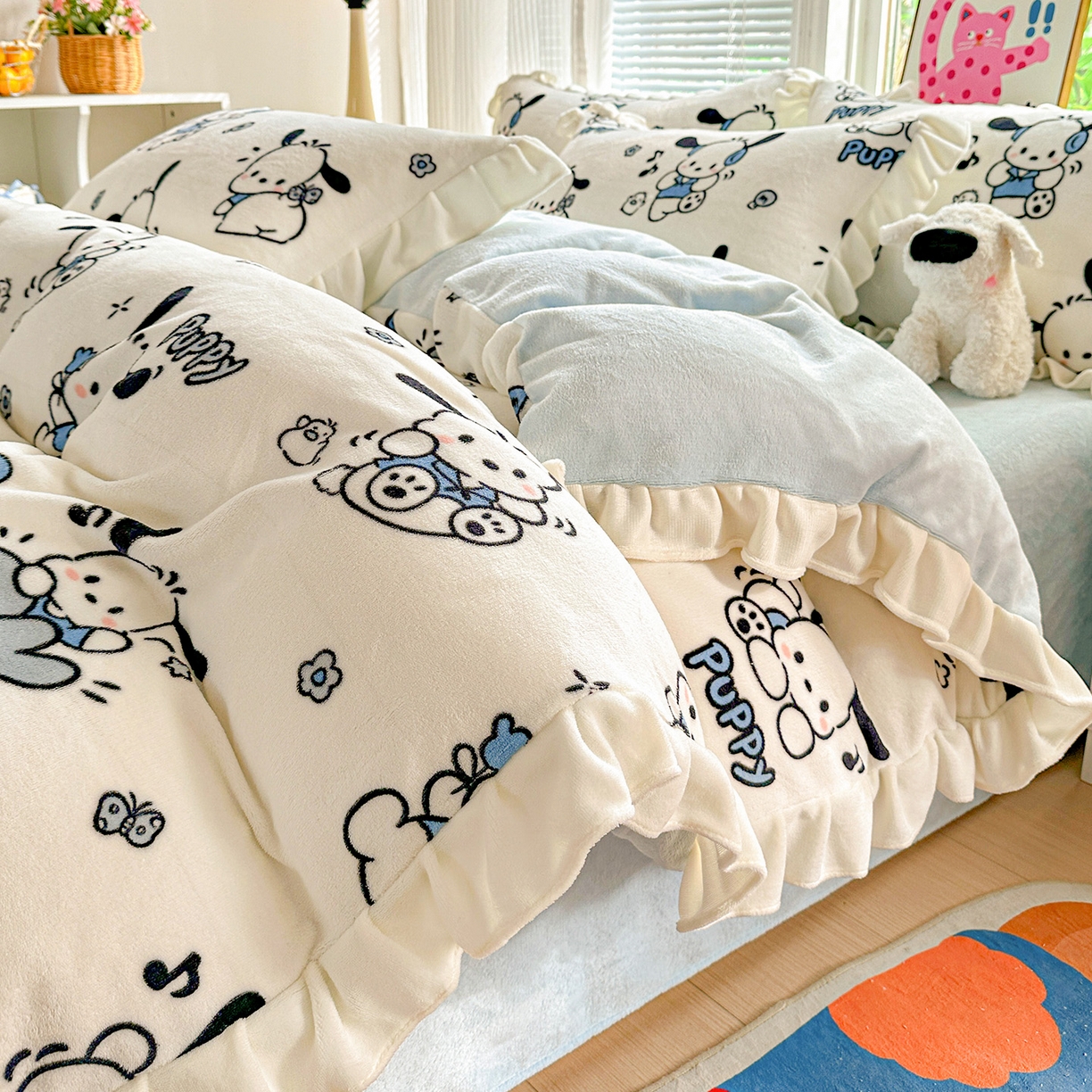 91家纺网 家纺一手货源 找家纺 N先生+V 13814689556 发大图/买家秀 2025新款韩式博主风花边款ins卡通牛奶绒四件套 顽皮帕恰