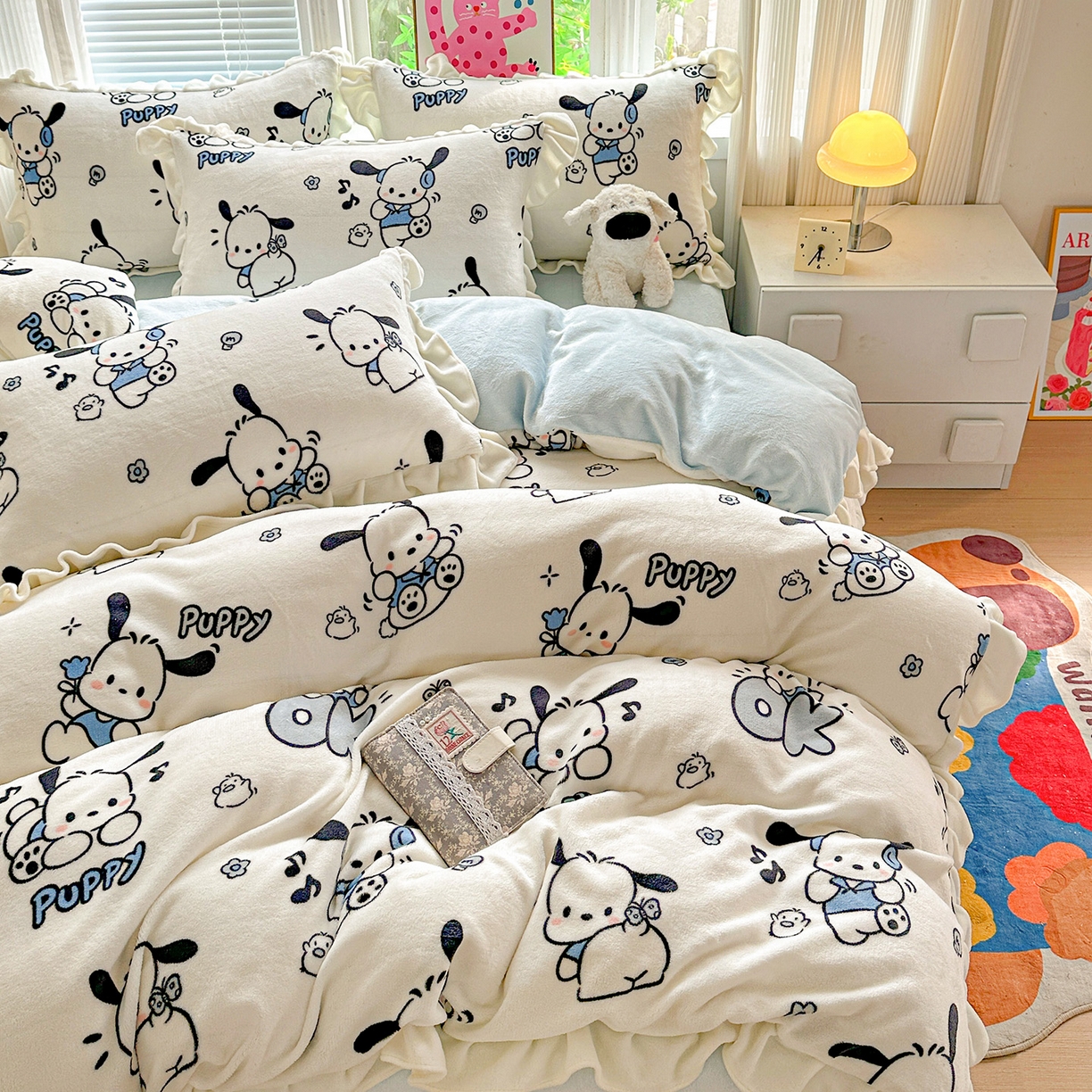 91家纺网 家纺一手货源 找家纺 N先生+V 13814689556 发大图/买家秀 2025新款韩式博主风花边款ins卡通牛奶绒四件套 顽皮帕恰