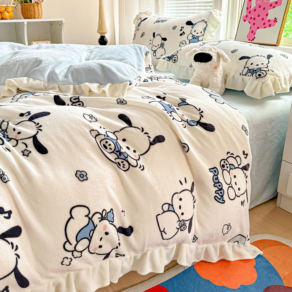 91家纺网 家纺一手货源 找家纺 N先生+V 13814689556 发大图/买家秀 2025新款韩式博主风花边款ins卡通牛奶绒四件套 顽皮帕恰