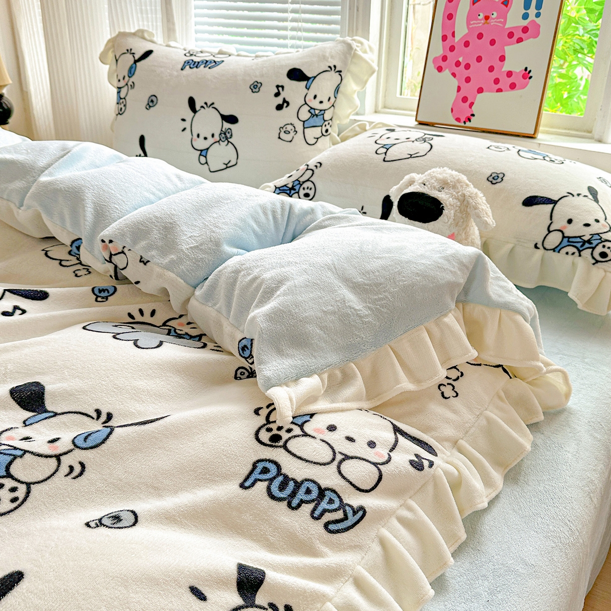 91家纺网 家纺一手货源 找家纺 N先生+V 13814689556 发大图/买家秀 2025新款韩式博主风花边款ins卡通牛奶绒四件套 顽皮帕恰