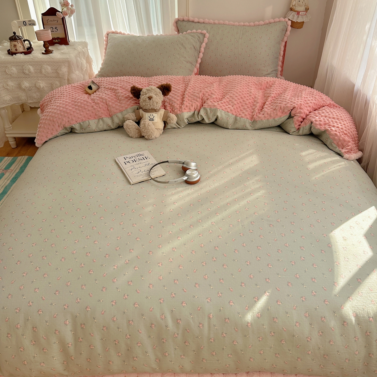 91家纺网 家纺一手货源 找家纺 Sweet dreams甜梦 2025新款双层纱豆豆绒棉加绒四件套 水蜜桃