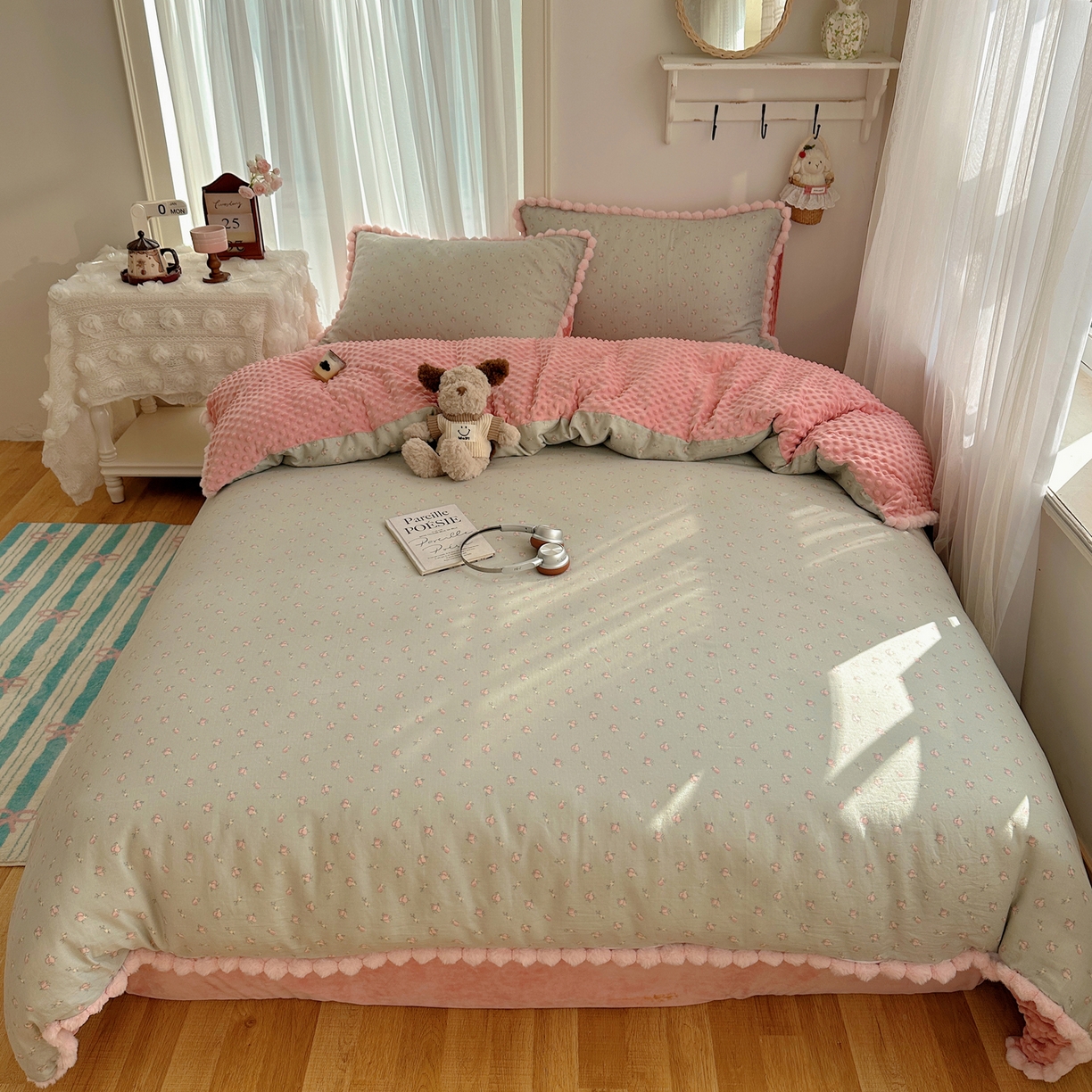 91家纺网 家纺一手货源 找家纺 Sweet dreams甜梦 2025新款双层纱豆豆绒棉加绒四件套 水蜜桃