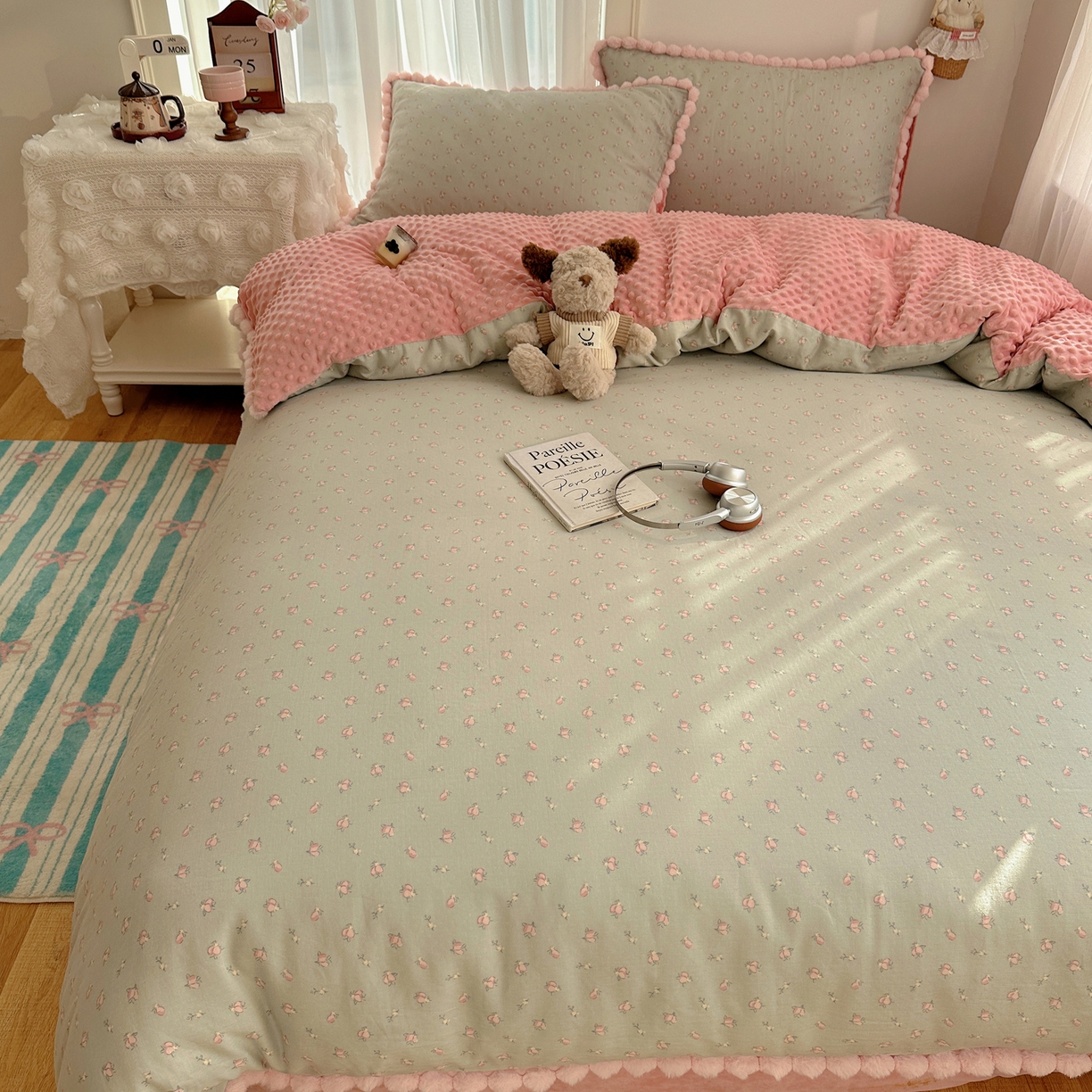 91家纺网 家纺一手货源 找家纺 Sweet dreams甜梦 2025新款双层纱豆豆绒棉加绒四件套 水蜜桃