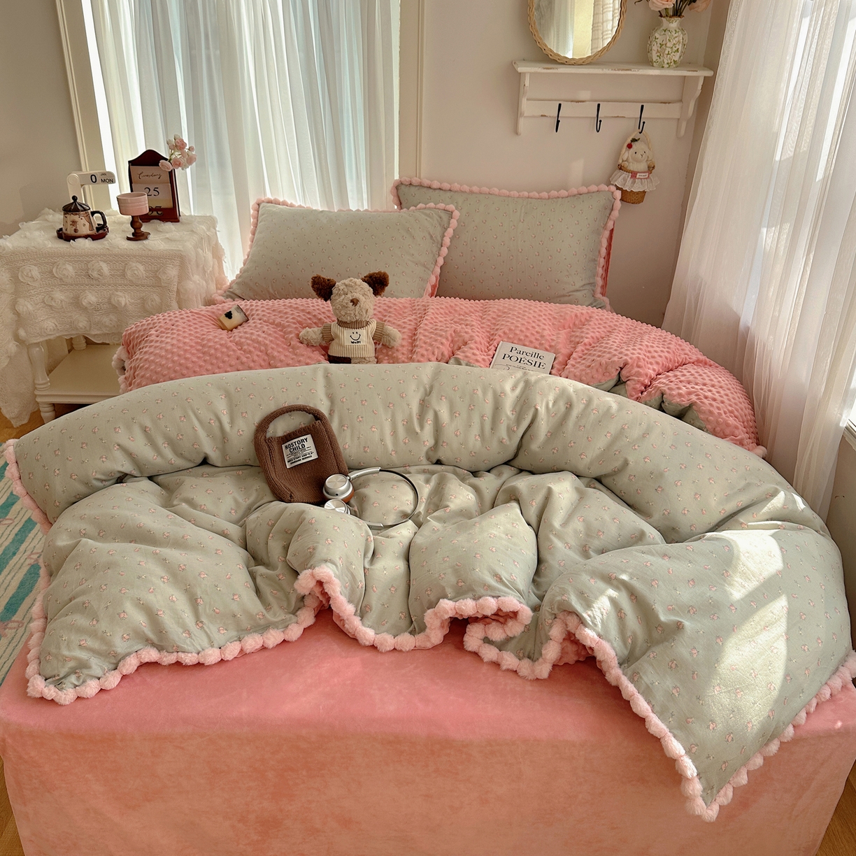 91家纺网 家纺一手货源 找家纺 （总）Sweet dreams甜梦 2025新款双层纱豆豆绒棉加绒四件套