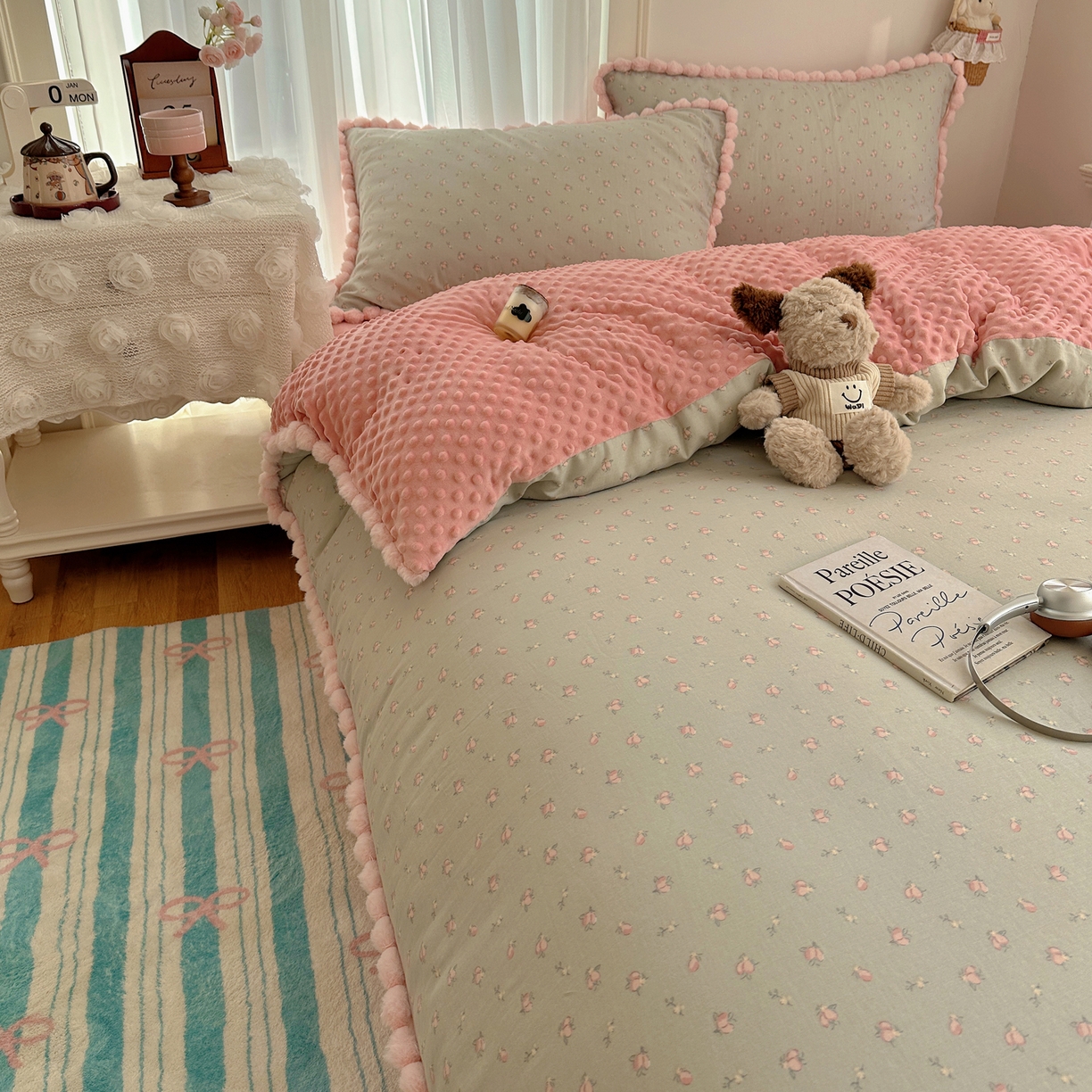 91家纺网 家纺一手货源 找家纺 Sweet dreams甜梦 2025新款双层纱豆豆绒棉加绒四件套 水蜜桃