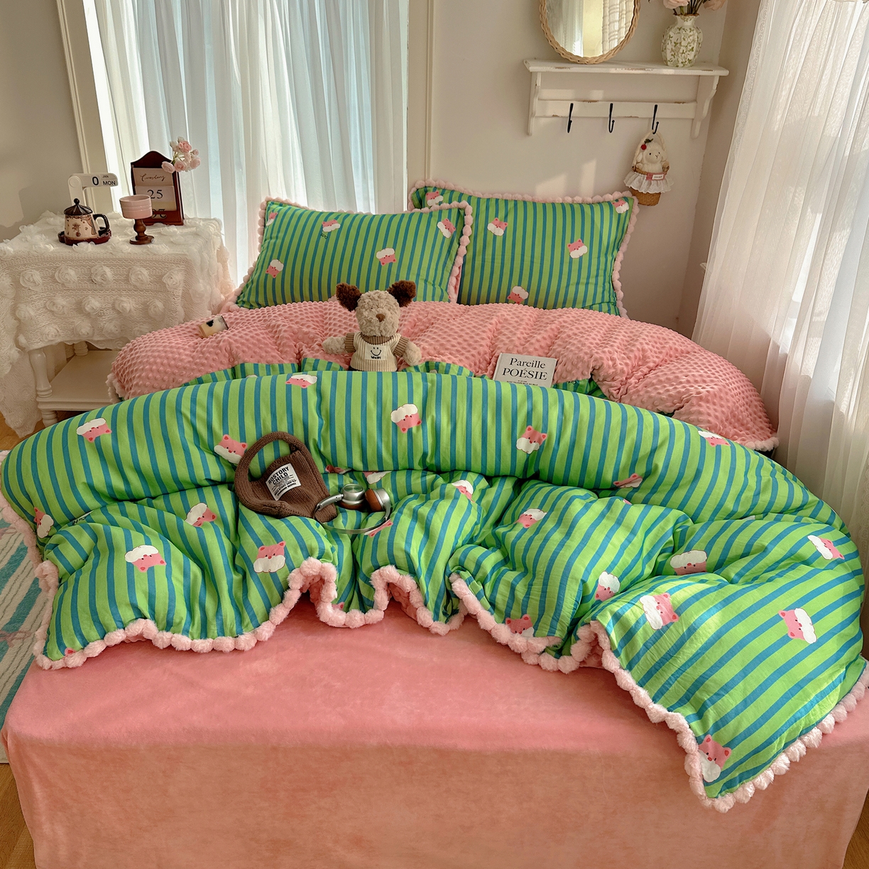 Sweet dreams甜梦 2025新款双层纱豆豆绒棉加绒四件套 条纹小熊仔