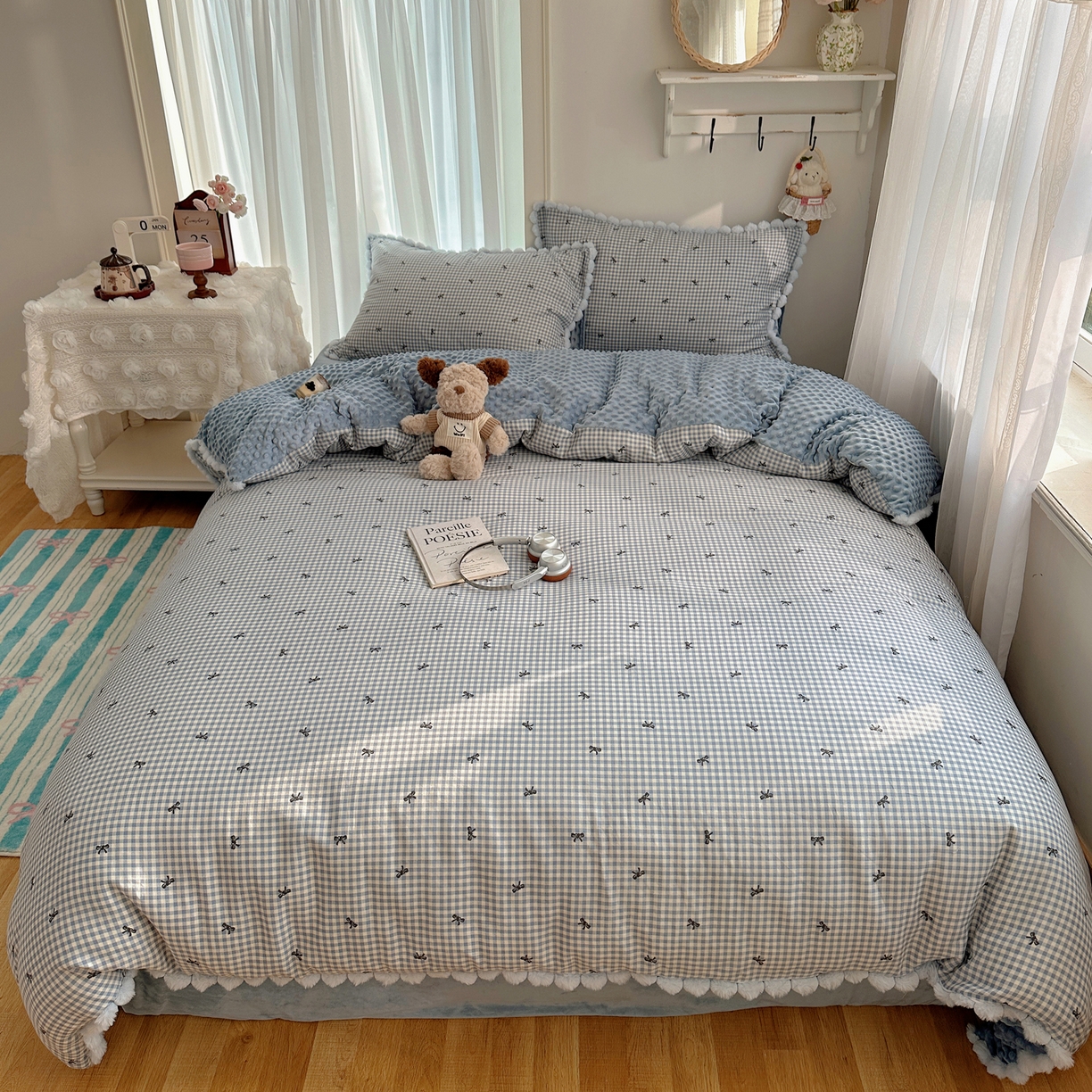 91家纺网 家纺一手货源 找家纺 Sweet dreams甜梦 2025新款双层纱豆豆绒棉加绒四件套 千颂伊蓝