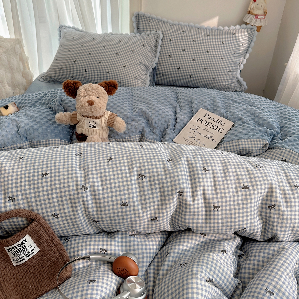 91家纺网 家纺一手货源 找家纺 Sweet dreams甜梦 2025新款双层纱豆豆绒棉加绒四件套 千颂伊蓝