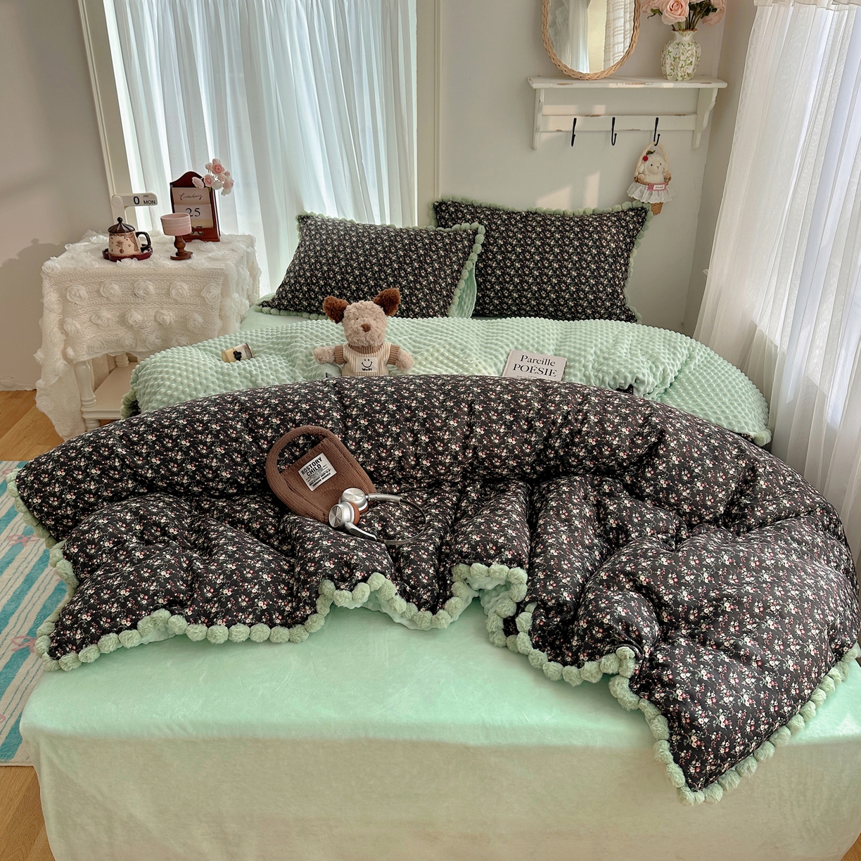 Sweet dreams甜梦 2025新款双层纱豆豆绒棉加绒四件套 绘梨黑