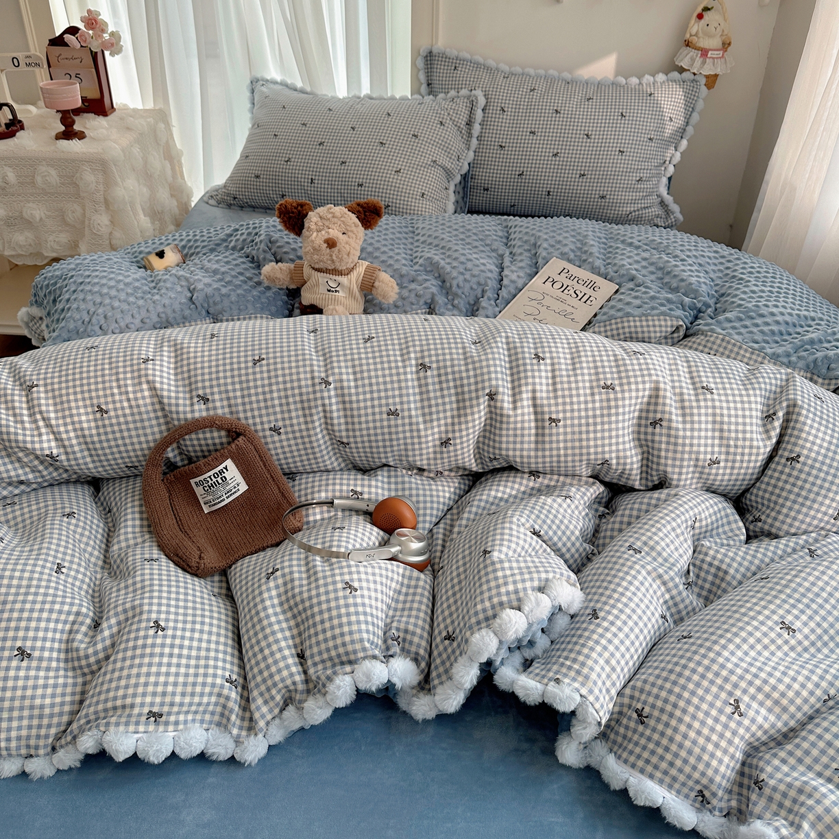 91家纺网 家纺一手货源 找家纺 Sweet dreams甜梦 2025新款双层纱豆豆绒棉加绒四件套 千颂伊蓝