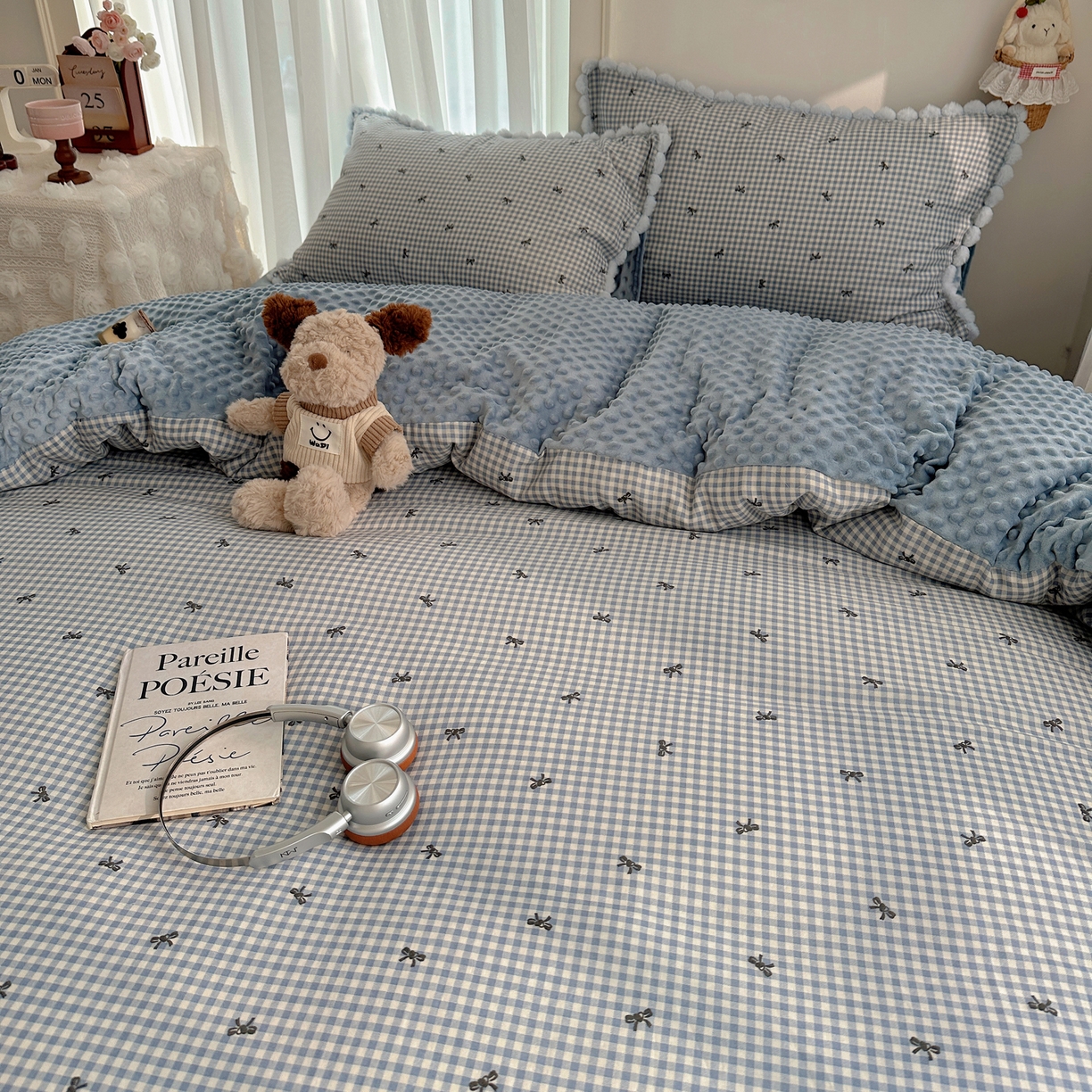 91家纺网 家纺一手货源 找家纺 Sweet dreams甜梦 2025新款双层纱豆豆绒棉加绒四件套 千颂伊蓝