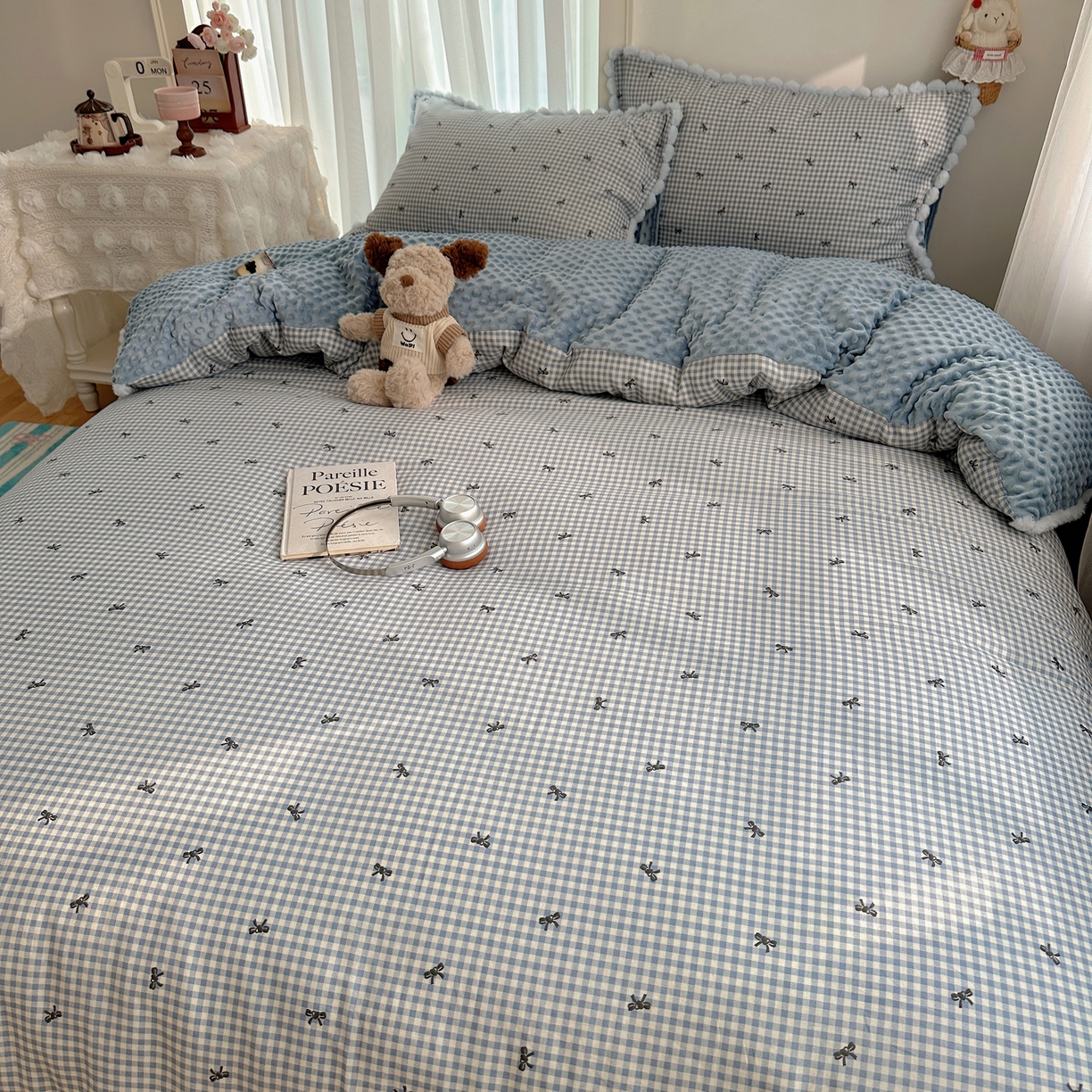 91家纺网 家纺一手货源 找家纺 Sweet dreams甜梦 2025新款双层纱豆豆绒棉加绒四件套 千颂伊蓝