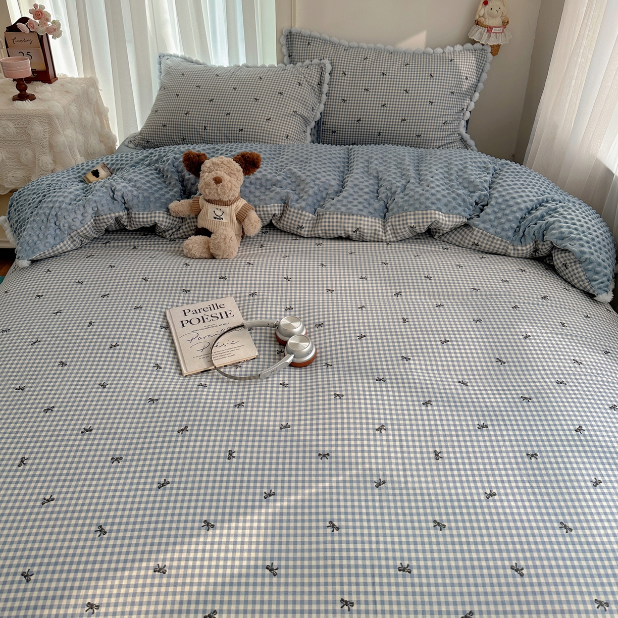 91家纺网 家纺一手货源 找家纺 Sweet dreams甜梦 2025新款双层纱豆豆绒棉加绒四件套 千颂伊蓝