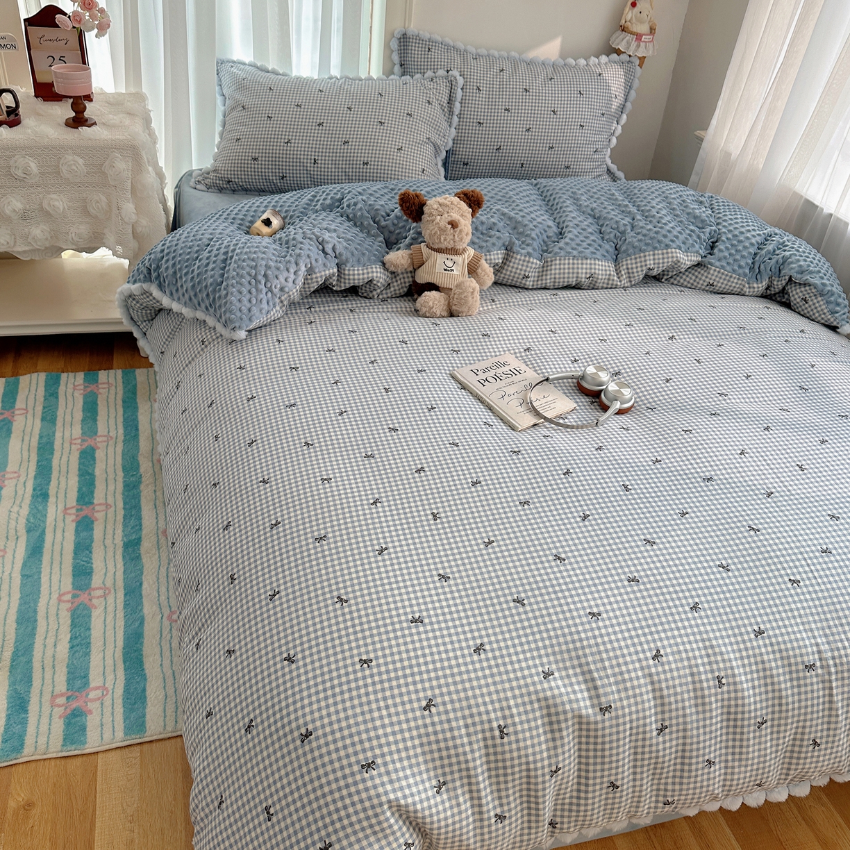 91家纺网 家纺一手货源 找家纺 Sweet dreams甜梦 2025新款双层纱豆豆绒棉加绒四件套 千颂伊蓝