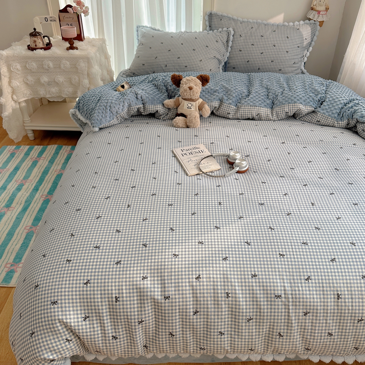 91家纺网 家纺一手货源 找家纺 Sweet dreams甜梦 2025新款双层纱豆豆绒棉加绒四件套 千颂伊蓝