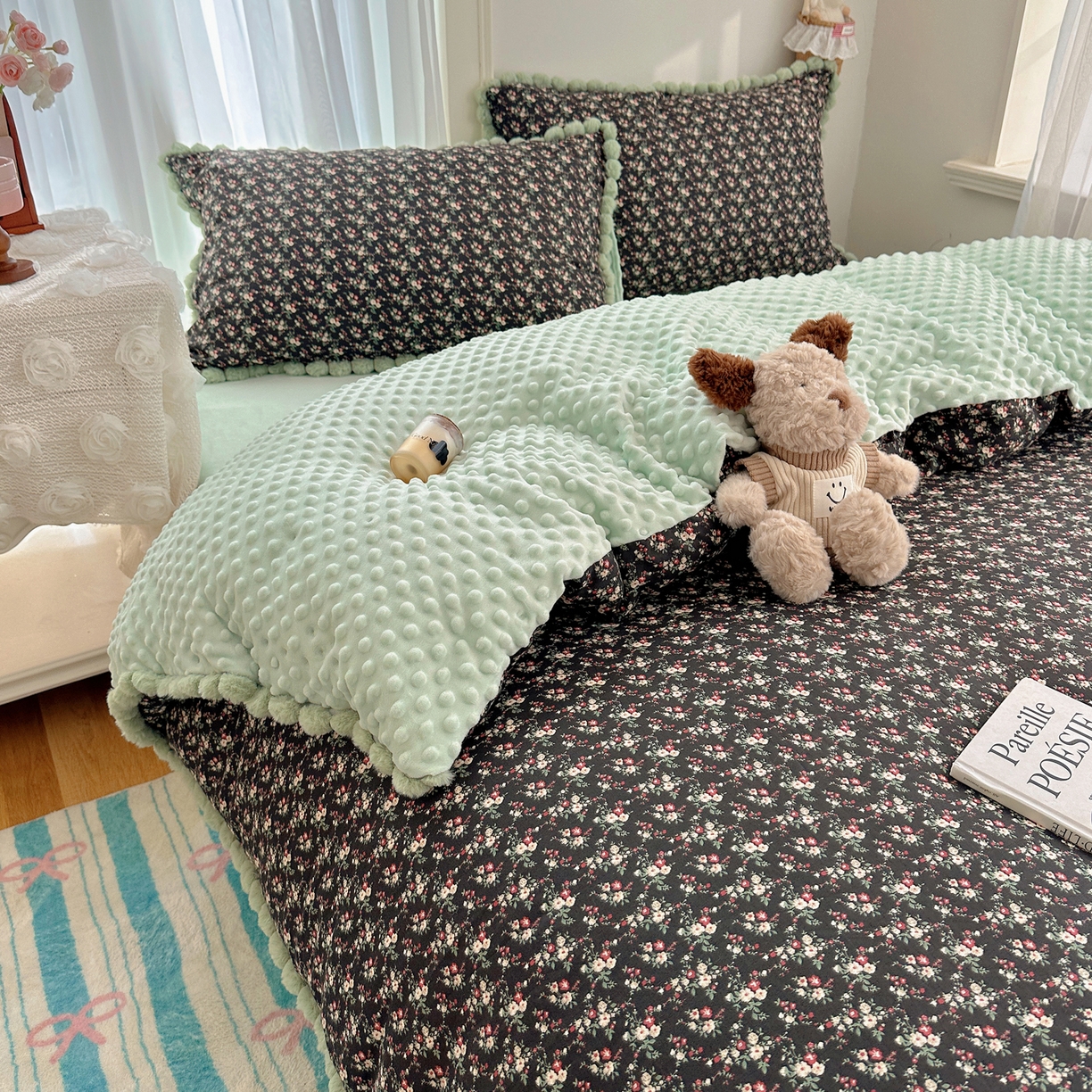 91家纺网 家纺一手货源 找家纺 Sweet dreams甜梦 2025新款双层纱豆豆绒棉加绒四件套 绘梨黑